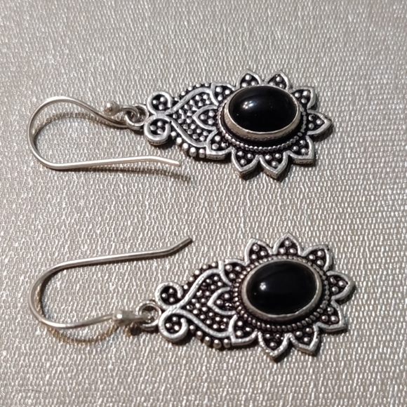 Black Onyx Sterling Silver French Wire Earrings - Picture 2 of 3